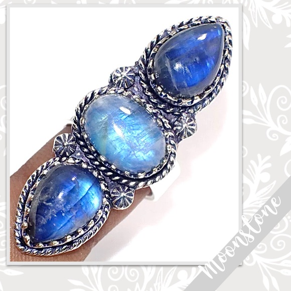 Rainbow Moonstone Large Silver Artisan Ring, Sz 7 Pearl White, Blue-Violet flash
